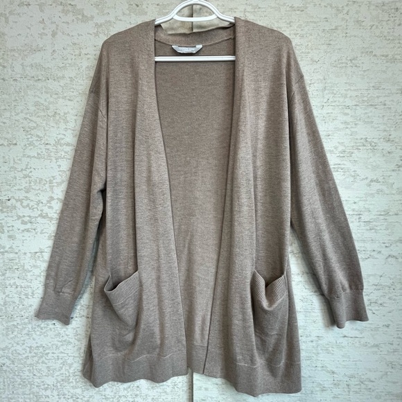 Cashmere Blend Taupe Camel Cardigan Long Line Sz M Patch Pockets Luxury Wool - Picture 1 of 13